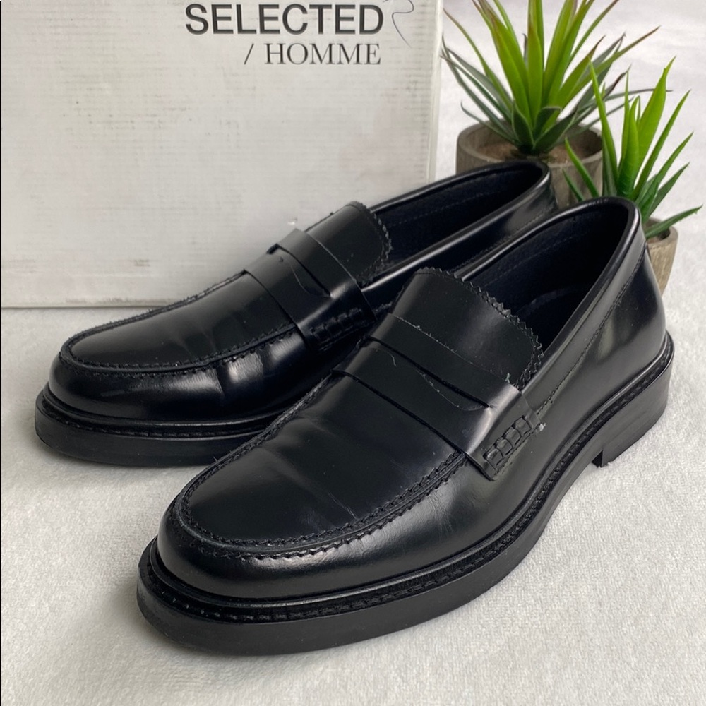Selected / Homme Carter Polido Polished Genuine Leather Penny Loafers | Black